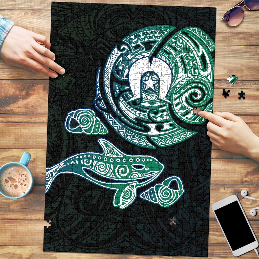 Whale and Dhari Torres Strait Islands Puzzle Deep Green Oceanic Tribal Pattern Art