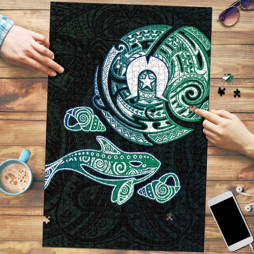 Whale and Dhari Torres Strait Islands Puzzle Deep Green Oceanic Tribal Pattern Art