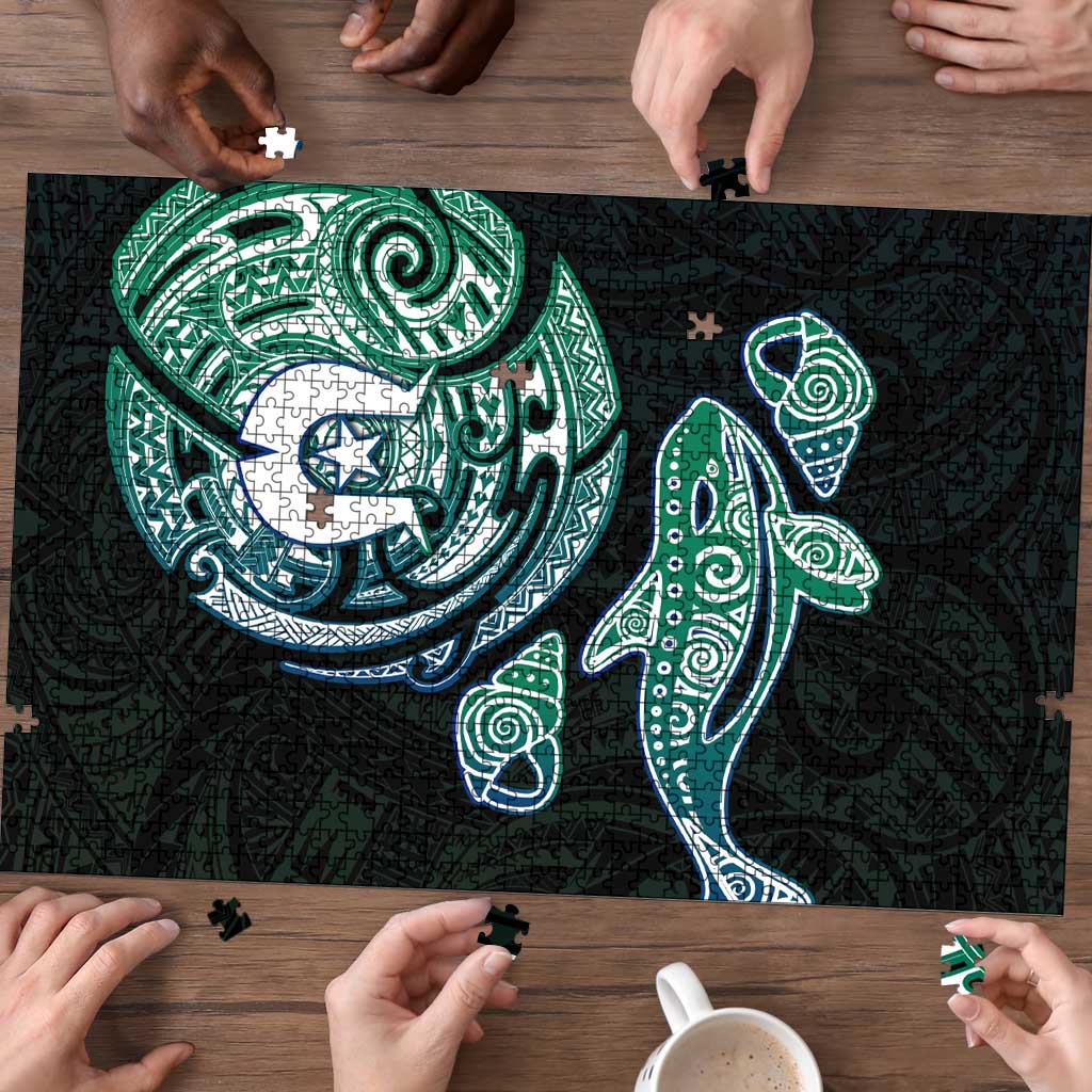 Whale and Dhari Torres Strait Islands Puzzle Deep Green Oceanic Tribal Pattern Art