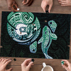 Whale and Dhari Torres Strait Islands Puzzle Deep Green Oceanic Tribal Pattern Art