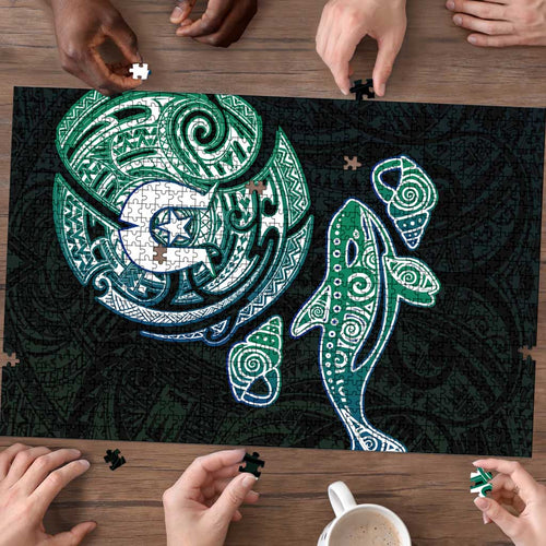 Whale and Dhari Torres Strait Islands Puzzle Deep Green Oceanic Tribal Pattern Art