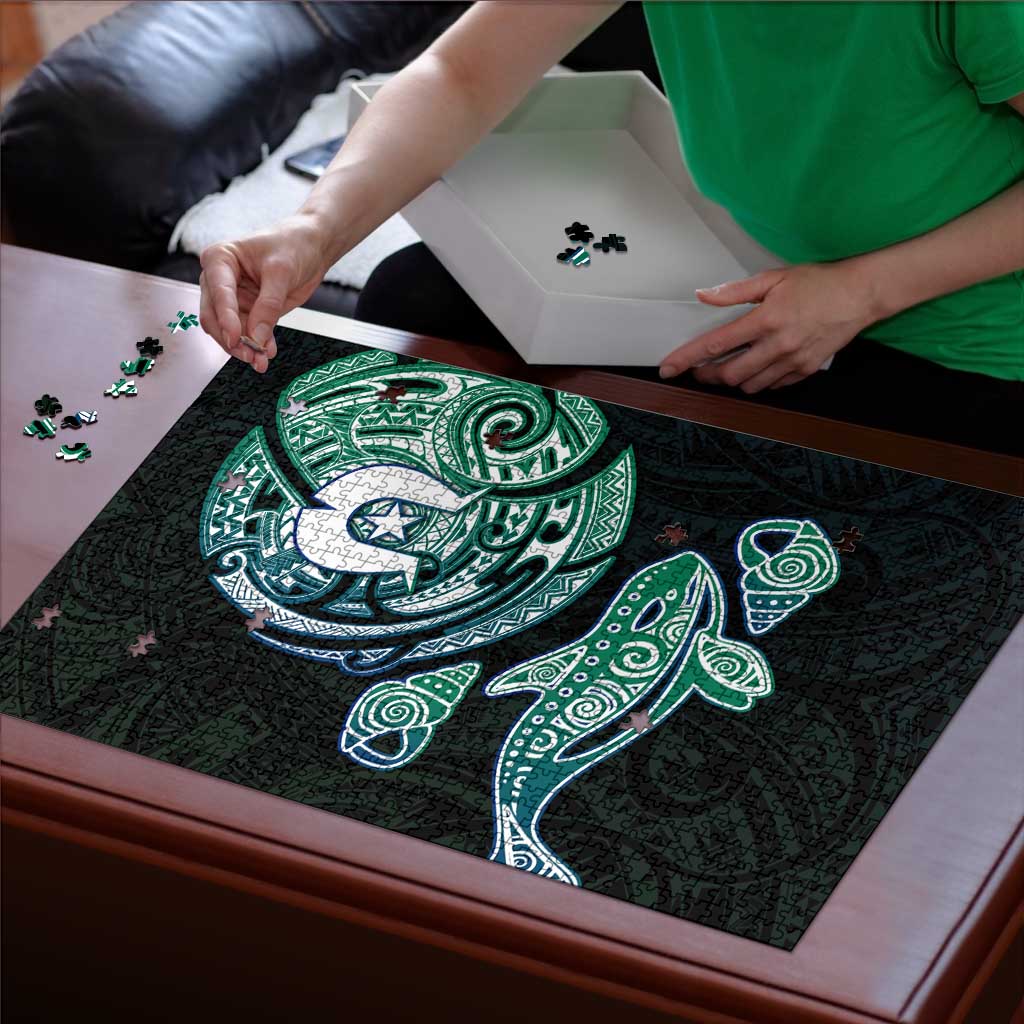 Whale and Dhari Torres Strait Islands Puzzle Deep Green Oceanic Tribal Pattern Art