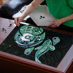 Whale and Dhari Torres Strait Islands Puzzle Deep Green Oceanic Tribal Pattern Art