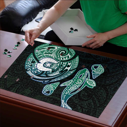 Whale and Dhari Torres Strait Islands Puzzle Deep Green Oceanic Tribal Pattern Art