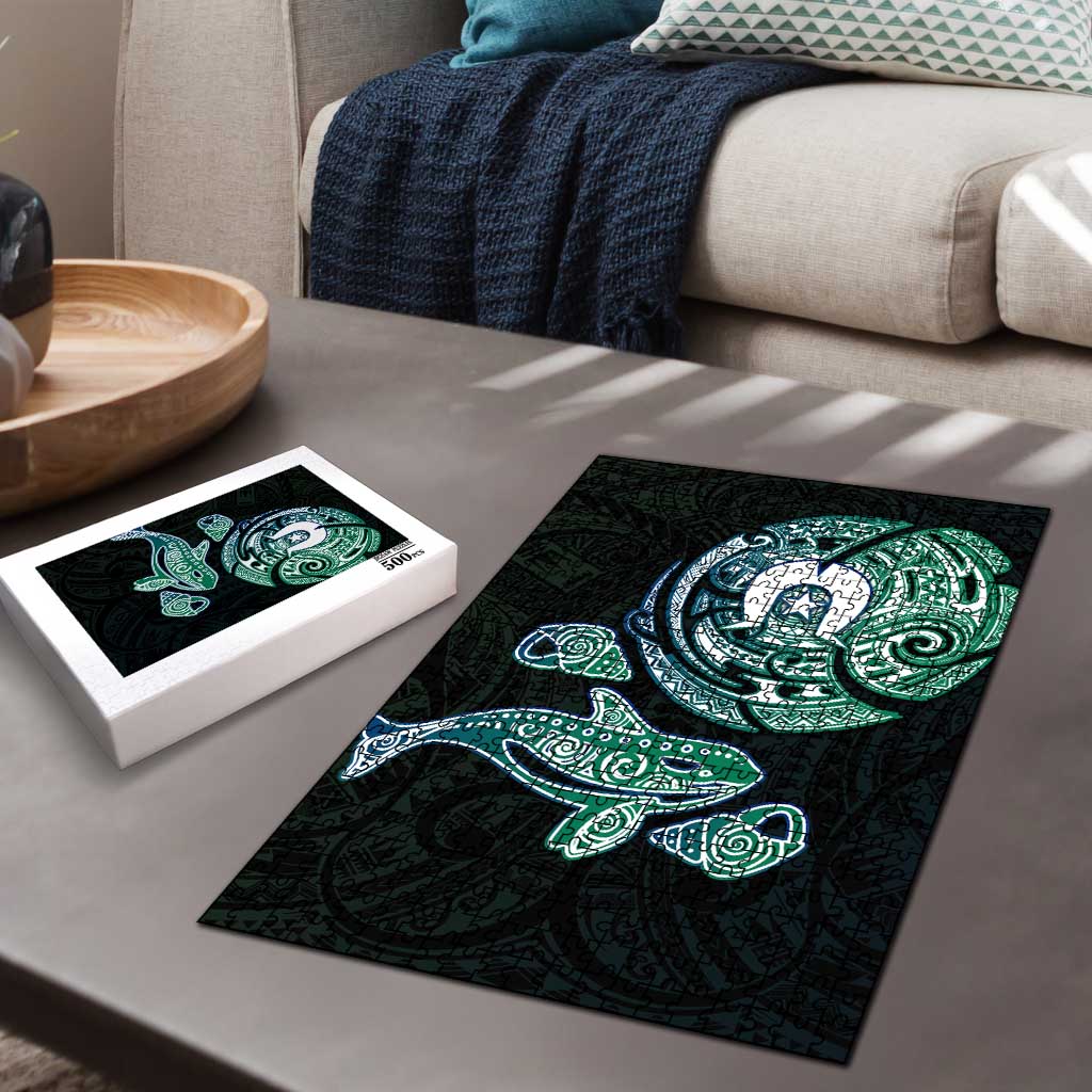 Whale and Dhari Torres Strait Islands Puzzle Deep Green Oceanic Tribal Pattern Art