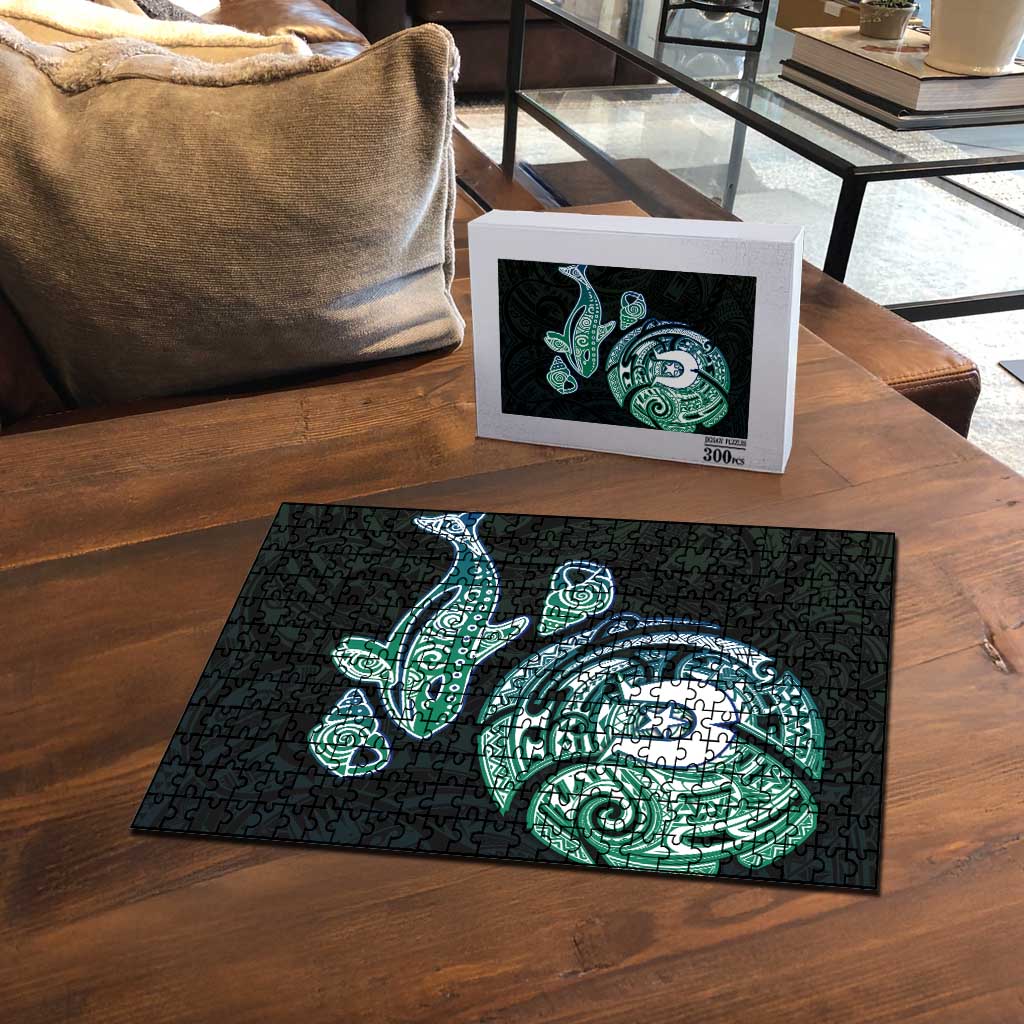 Whale and Dhari Torres Strait Islands Puzzle Deep Green Oceanic Tribal Pattern Art