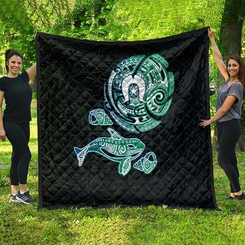 Whale and Dhari Torres Strait Islands Quilt Deep Green Oceanic Tribal Pattern Art