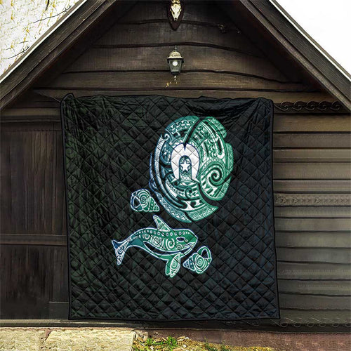 Whale and Dhari Torres Strait Islands Quilt Deep Green Oceanic Tribal Pattern Art