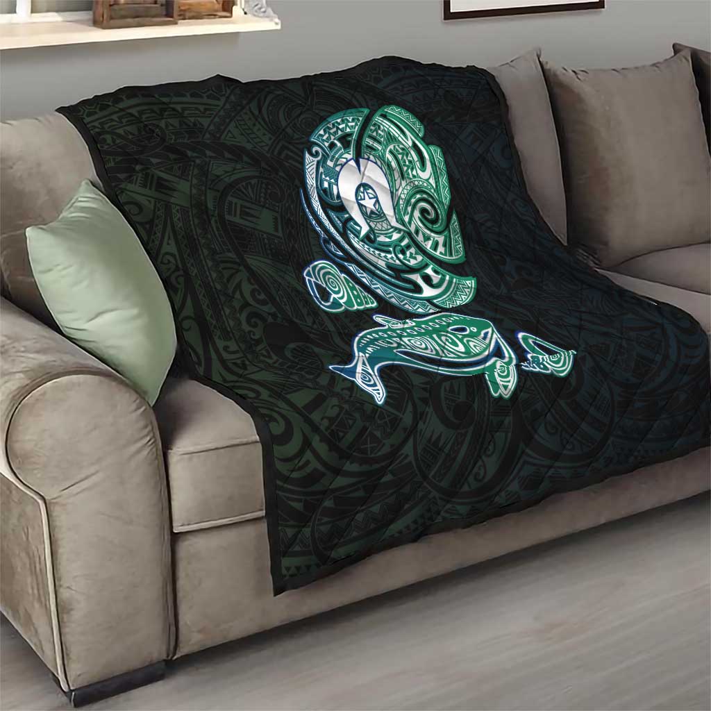 Whale and Dhari Torres Strait Islands Quilt Deep Green Oceanic Tribal Pattern Art