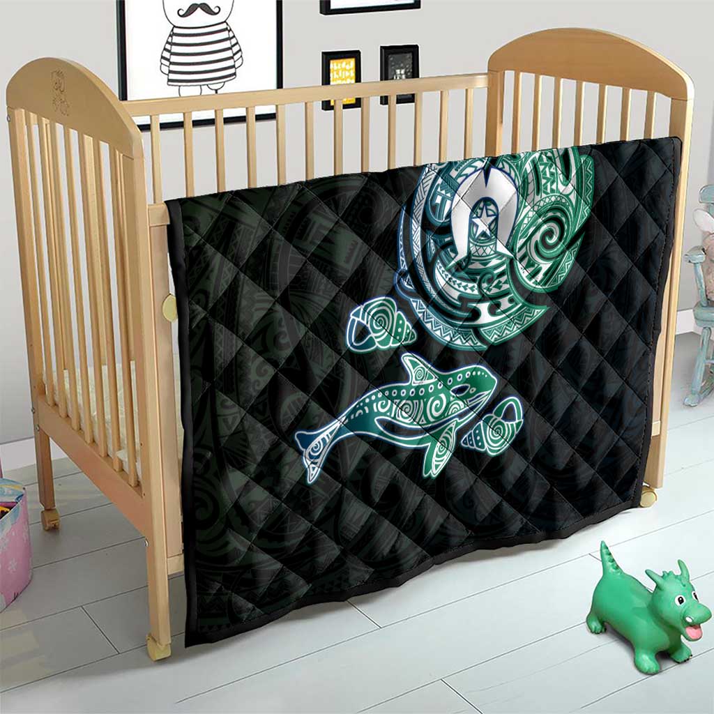 Whale and Dhari Torres Strait Islands Quilt Deep Green Oceanic Tribal Pattern Art
