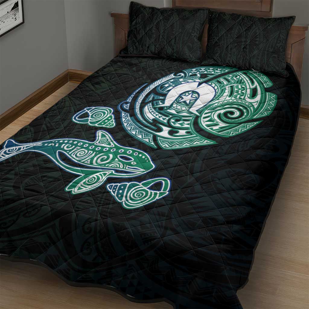 Whale and Dhari Torres Strait Islands Quilt Bed Set Deep Green Oceanic Tribal Pattern Art
