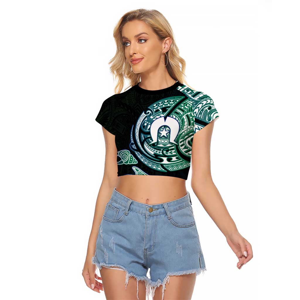 Whale and Dhari Torres Strait Islands Raglan Cropped T Shirt Deep Green Oceanic Tribal Pattern Art