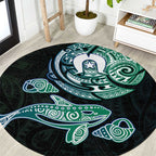 Whale and Dhari Torres Strait Islands Round Carpet Deep Green Oceanic Tribal Pattern Art