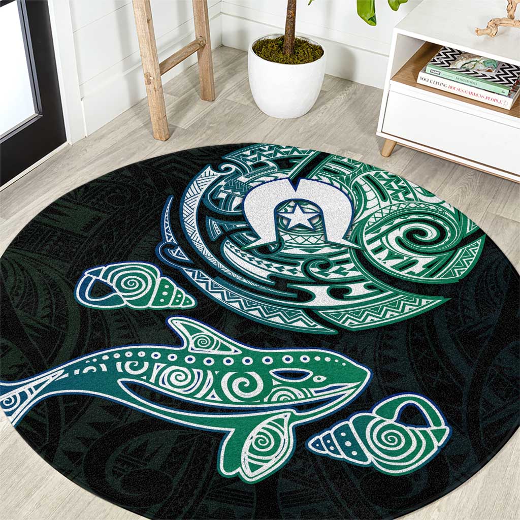 Whale and Dhari Torres Strait Islands Round Carpet Deep Green Oceanic Tribal Pattern Art