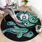 Whale and Dhari Torres Strait Islands Round Carpet Deep Green Oceanic Tribal Pattern Art