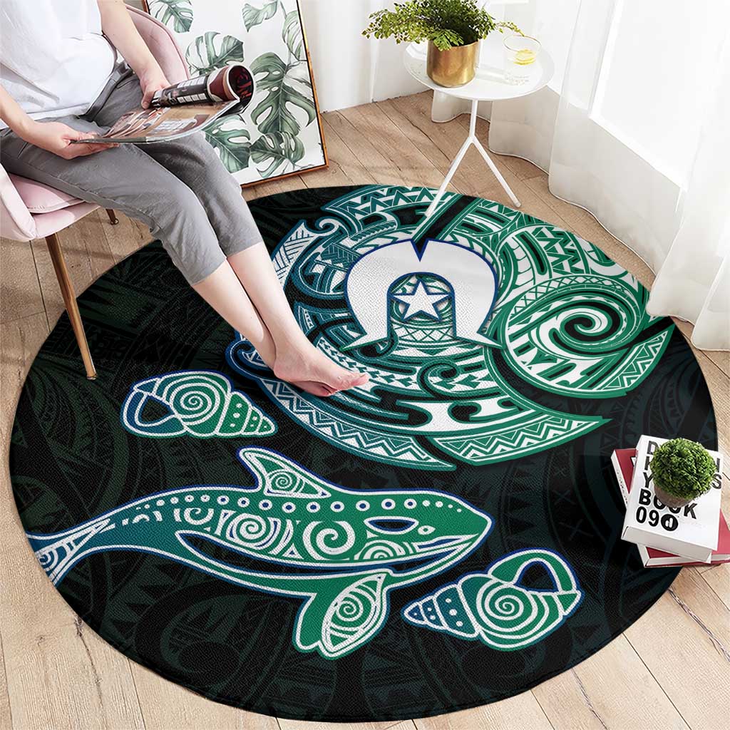 Whale and Dhari Torres Strait Islands Round Carpet Deep Green Oceanic Tribal Pattern Art