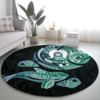 Whale and Dhari Torres Strait Islands Round Carpet Deep Green Oceanic Tribal Pattern Art