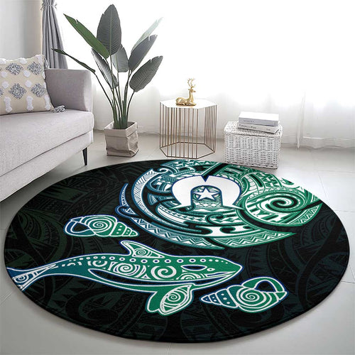Whale and Dhari Torres Strait Islands Round Carpet Deep Green Oceanic Tribal Pattern Art