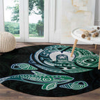 Whale and Dhari Torres Strait Islands Round Carpet Deep Green Oceanic Tribal Pattern Art