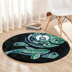 Whale and Dhari Torres Strait Islands Round Carpet Deep Green Oceanic Tribal Pattern Art