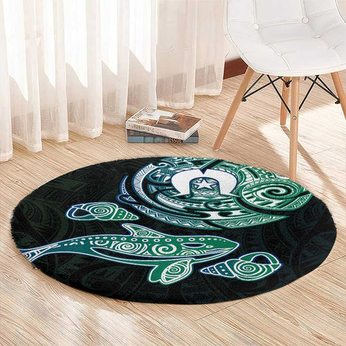 Whale and Dhari Torres Strait Islands Round Carpet Deep Green Oceanic Tribal Pattern Art