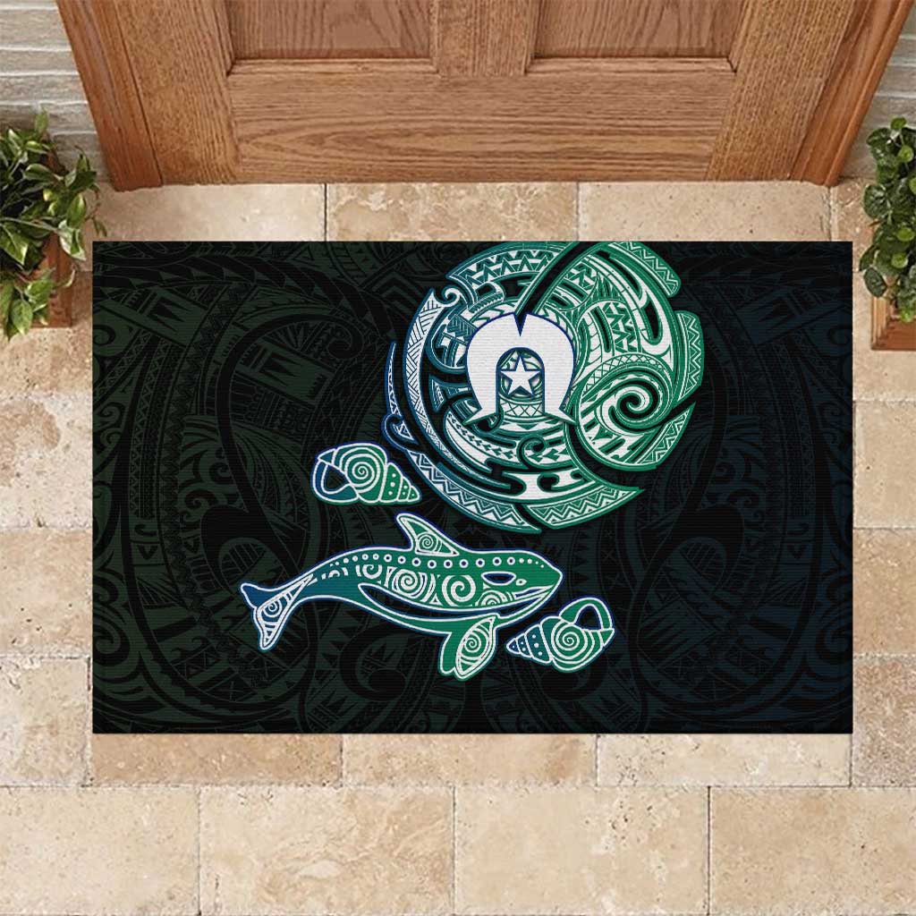 Whale and Dhari Torres Strait Islands Rubber Doormat Deep Green Oceanic Tribal Pattern Art