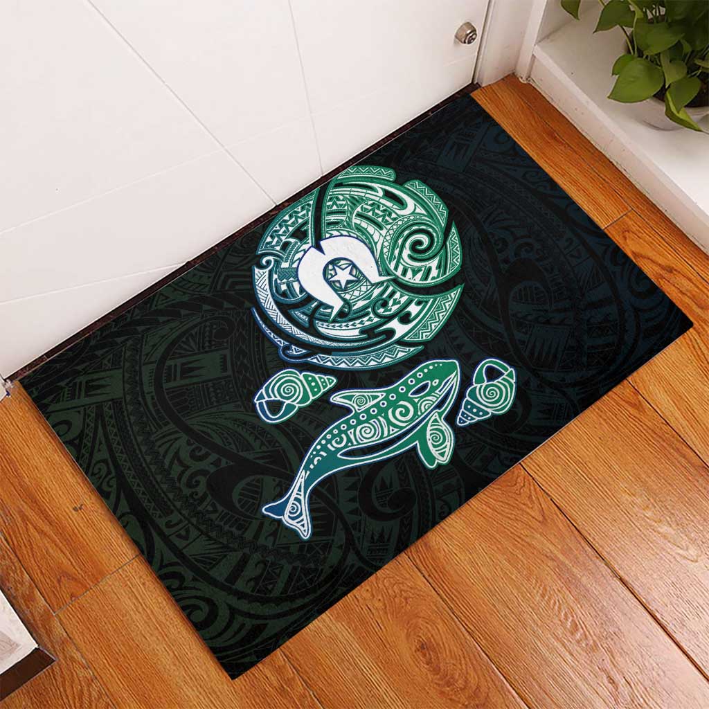 Whale and Dhari Torres Strait Islands Rubber Doormat Deep Green Oceanic Tribal Pattern Art