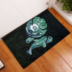 Whale and Dhari Torres Strait Islands Rubber Doormat Deep Green Oceanic Tribal Pattern Art
