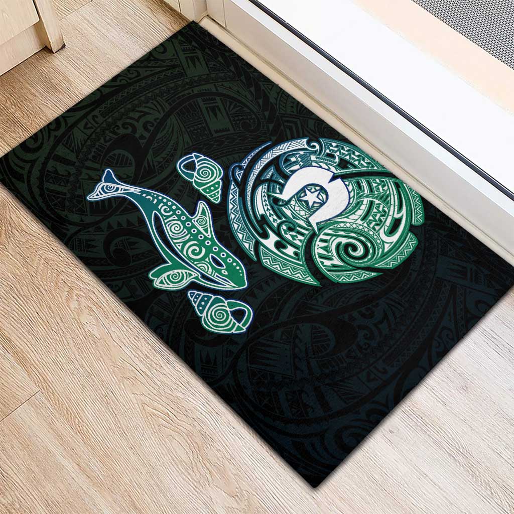 Whale and Dhari Torres Strait Islands Rubber Doormat Deep Green Oceanic Tribal Pattern Art