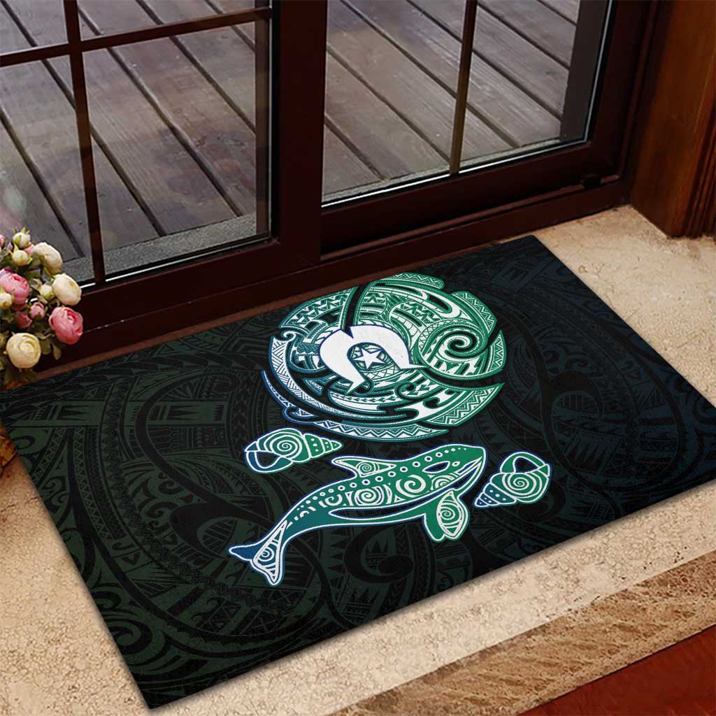 Whale and Dhari Torres Strait Islands Rubber Doormat Deep Green Oceanic Tribal Pattern Art