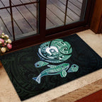 Whale and Dhari Torres Strait Islands Rubber Doormat Deep Green Oceanic Tribal Pattern Art