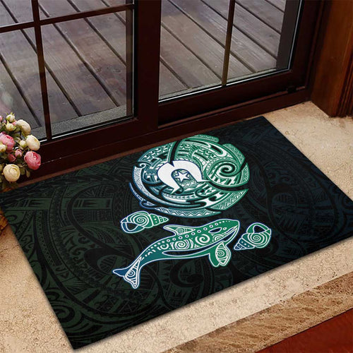 Whale and Dhari Torres Strait Islands Rubber Doormat Deep Green Oceanic Tribal Pattern Art