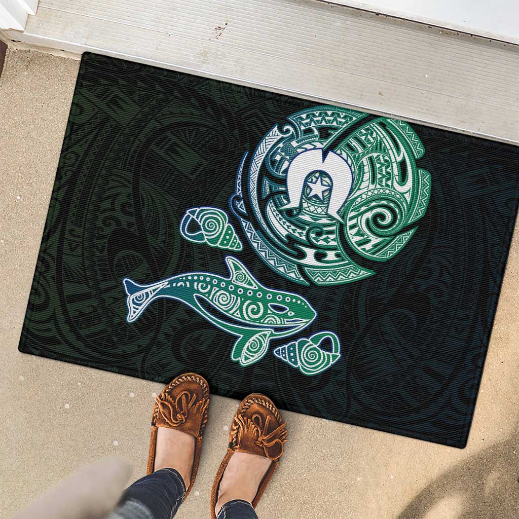 Whale and Dhari Torres Strait Islands Rubber Doormat Deep Green Oceanic Tribal Pattern Art