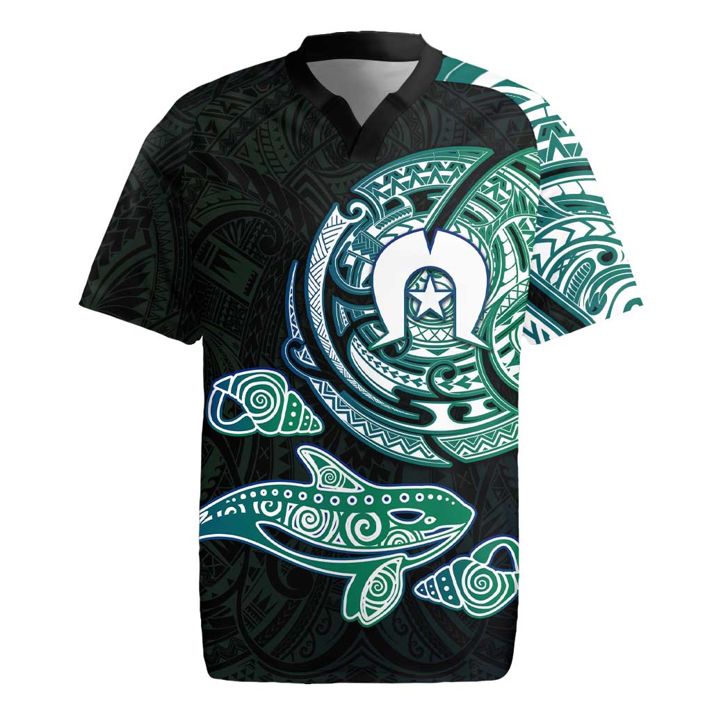Whale and Dhari Torres Strait Islands Rugby Jersey Deep Green Oceanic Tribal Pattern Art
