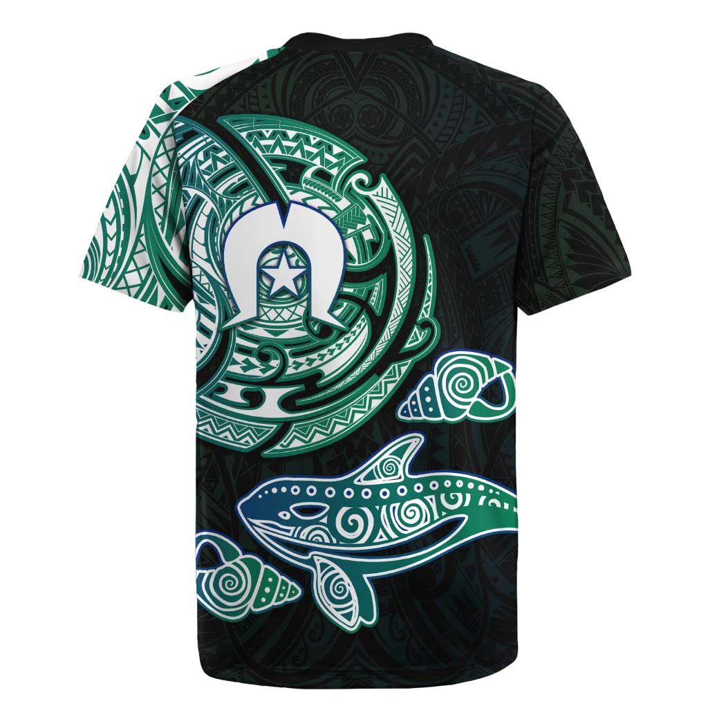 Whale and Dhari Torres Strait Islands Rugby Jersey Deep Green Oceanic Tribal Pattern Art