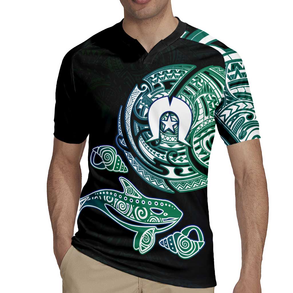Whale and Dhari Torres Strait Islands Rugby Jersey Deep Green Oceanic Tribal Pattern Art