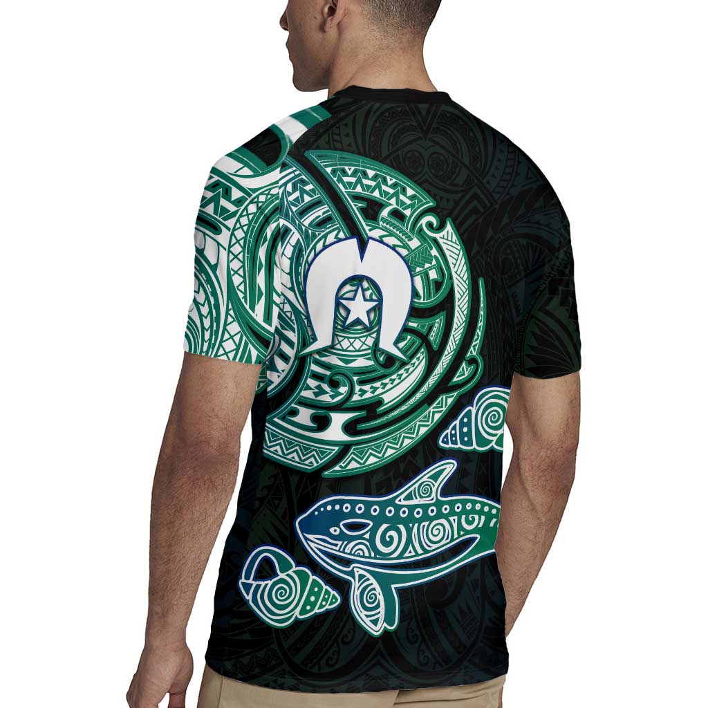 Whale and Dhari Torres Strait Islands Rugby Jersey Deep Green Oceanic Tribal Pattern Art