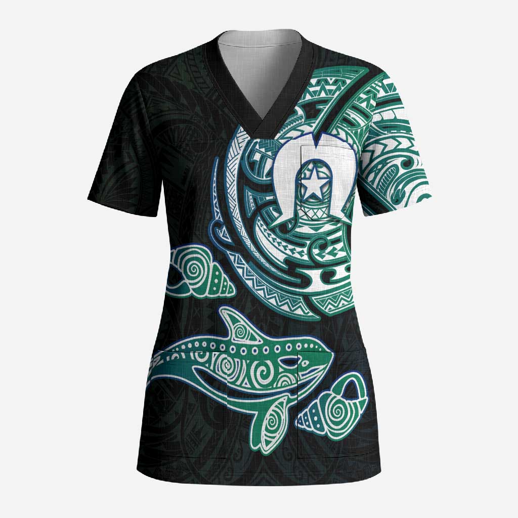 Whale and Dhari Torres Strait Islands Scrub Top Deep Green Oceanic Tribal Pattern Art