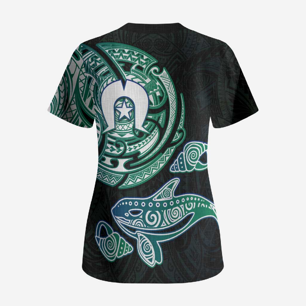 Whale and Dhari Torres Strait Islands Scrub Top Deep Green Oceanic Tribal Pattern Art