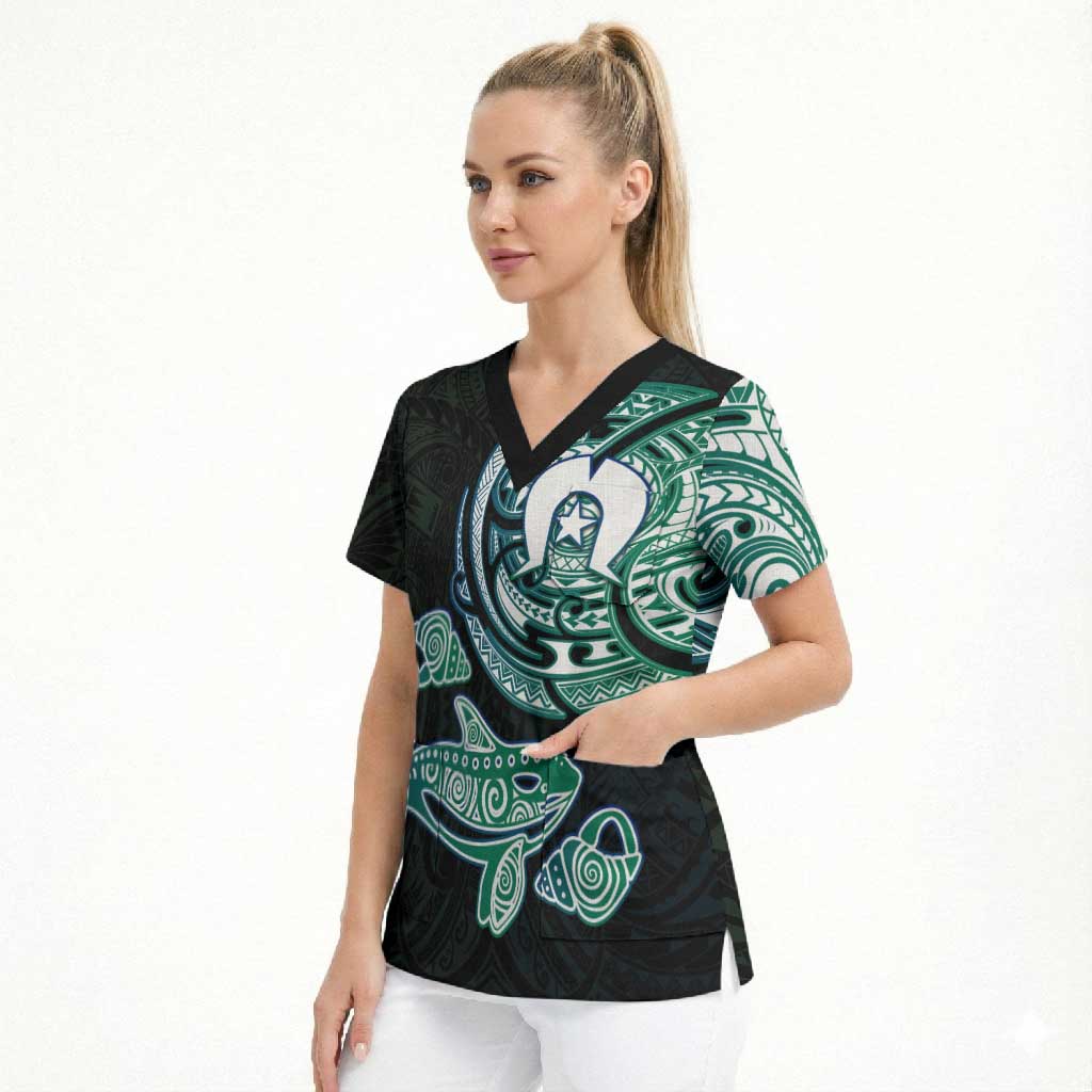 Whale and Dhari Torres Strait Islands Scrub Top Deep Green Oceanic Tribal Pattern Art