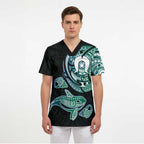 Whale and Dhari Torres Strait Islands Scrub Top Deep Green Oceanic Tribal Pattern Art