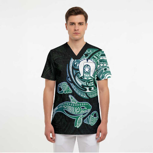 Whale and Dhari Torres Strait Islands Scrub Top Deep Green Oceanic Tribal Pattern Art