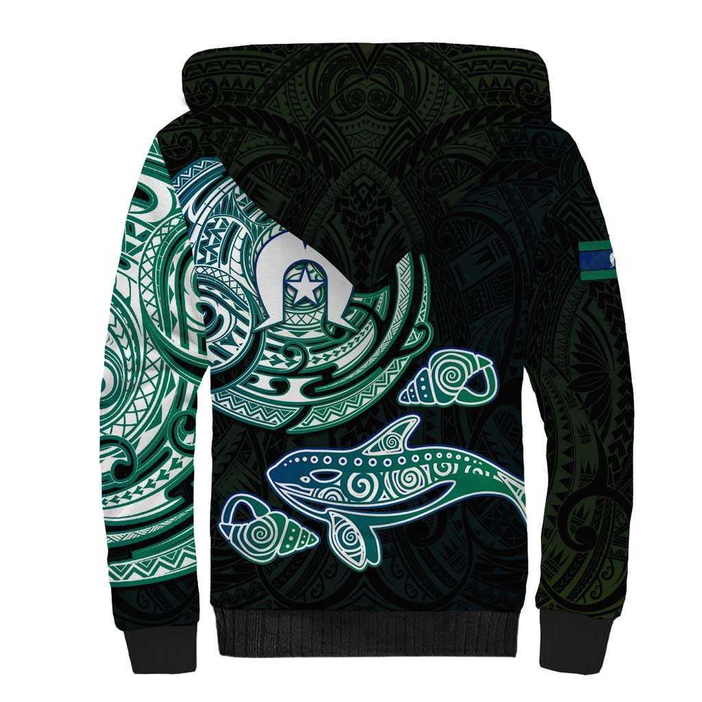 Whale and Dhari Torres Strait Islands Sherpa Hoodie Deep Green Oceanic Tribal Pattern Art