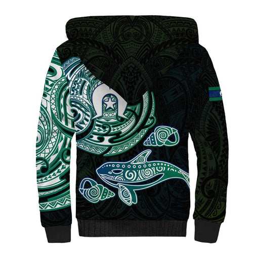 Whale and Dhari Torres Strait Islands Sherpa Hoodie Deep Green Oceanic Tribal Pattern Art