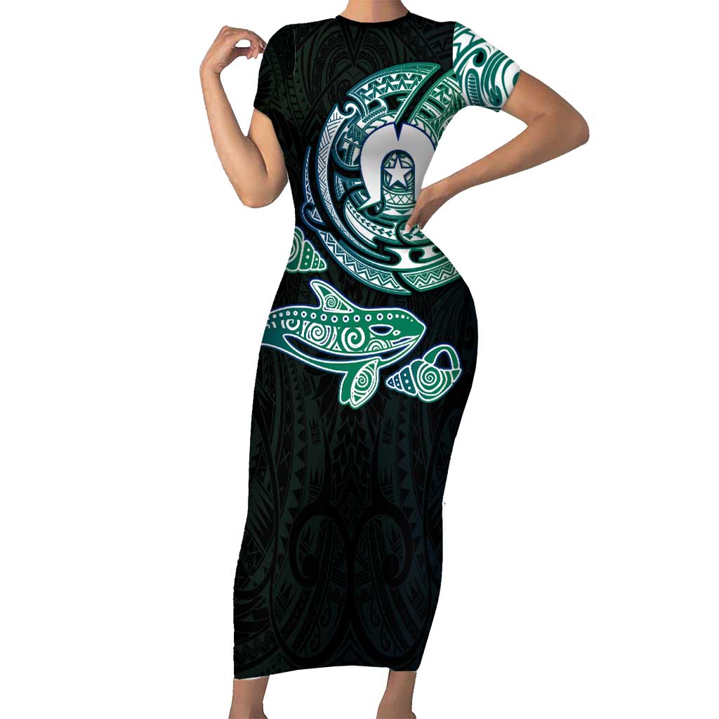 Whale and Dhari Torres Strait Islands Short Sleeve Bodycon Dress Deep Green Oceanic Tribal Pattern Art