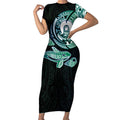 Whale and Dhari Torres Strait Islands Short Sleeve Bodycon Dress Deep Green Oceanic Tribal Pattern Art