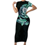 Whale and Dhari Torres Strait Islands Short Sleeve Bodycon Dress Deep Green Oceanic Tribal Pattern Art