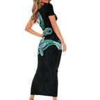 Whale and Dhari Torres Strait Islands Short Sleeve Bodycon Dress Deep Green Oceanic Tribal Pattern Art