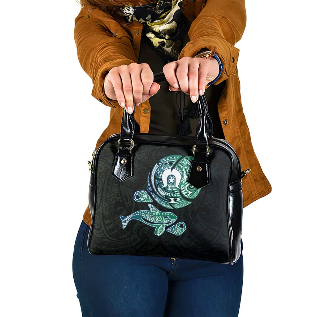 Whale and Dhari Torres Strait Islands Shoulder Handbag Deep Green Oceanic Tribal Pattern Art