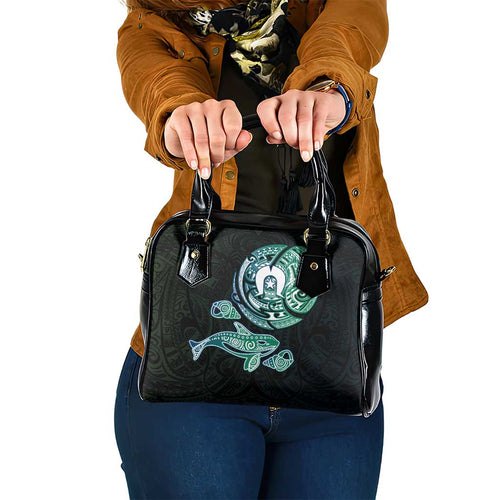 Whale and Dhari Torres Strait Islands Shoulder Handbag Deep Green Oceanic Tribal Pattern Art